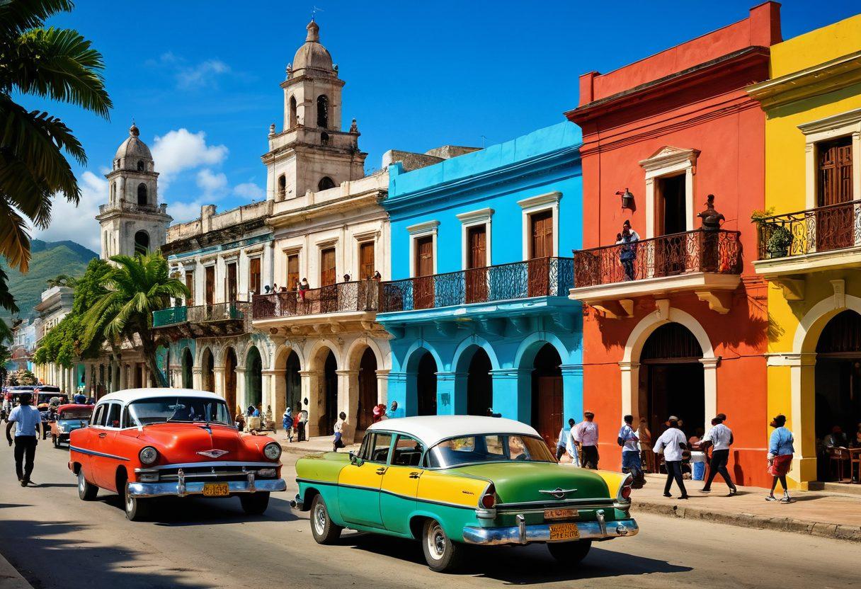 A vibrant street scene in Santiago, Cuba, featuring colorful colonial architecture, locals enjoying traditional Cuban cuisine at outdoor cafes, and a festival with lively music and dancers in traditional attire. Include historical landmarks like the Castillo del Morro in the background, and vivid tropical plants to capture the essence of the city. vibrant colors. super-realistic. dynamic composition.