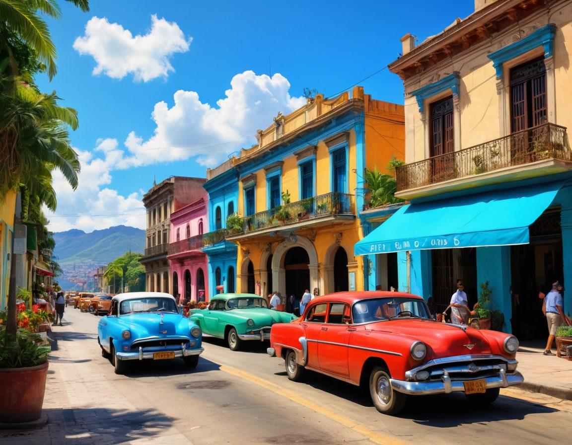 A colorful, bustling Santiago street scene with vintage cars, vibrant murals, and locals enjoying life at a sidewalk café. Include traditional Cuban architecture in the background, capturing the essence of Cuban culture and charm. The sky is bright blue, and there are tropical plants lining the streets. super-realistic. vibrant colors. 3D.