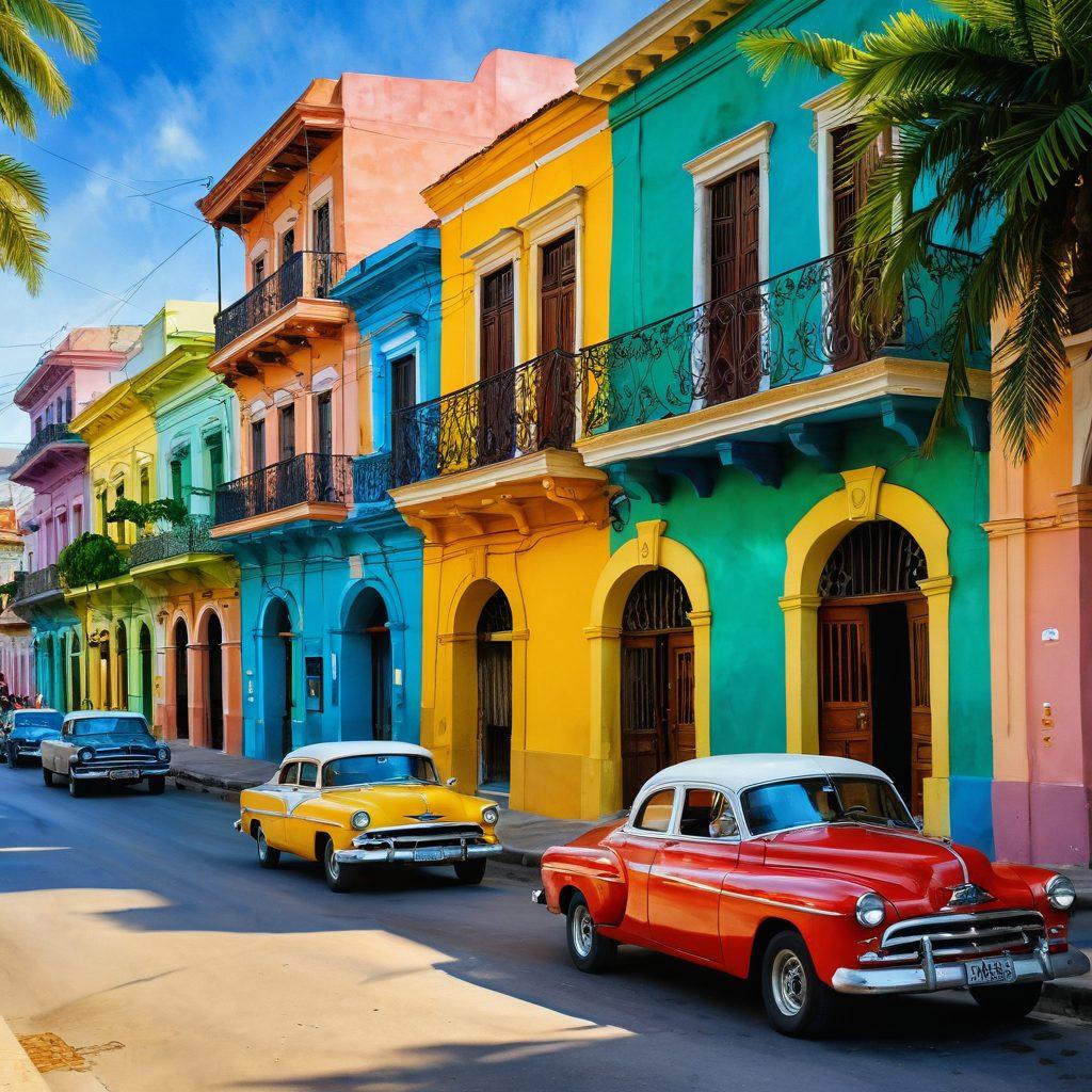 A picturesque street in Santiago de Cuba, showcasing colorful colonial buildings adorned with vibrant murals, lively street musicians, and local dancers celebrating traditional Cuban music and culture. Include scenes of a bustling marketplace with fresh tropical fruits and handmade crafts, framed by lush green palm trees. The sunset casting a warm golden light over the scene, creating an inviting atmosphere. watercolor painting. vibrant colors. lively and dynamic composition.
